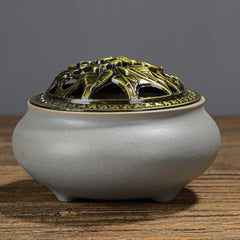 Ceramic Incense Burner, with Copper Lid, and Antique Alloy Wire
