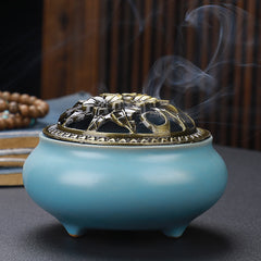 Ceramic Incense Burner, with Copper Lid, and Antique Alloy Wire