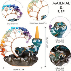 Un quemador de incienso de cerámica con 7 árboles de dinero de cristal de agua fluyente, adecuado para meditación de yoga y decoración del hogar.
