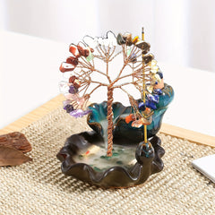 Un quemador de incienso de cerámica con 7 árboles de dinero de cristal de agua fluyente, adecuado para meditación de yoga y decoración del hogar.