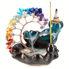 Un quemador de incienso de cerámica con 7 árboles de dinero de cristal de agua fluyente, adecuado para meditación de yoga y decoración del hogar.