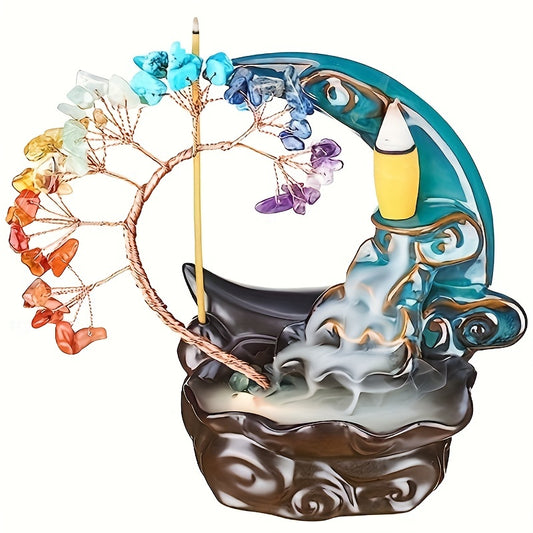 1pc Ceramic Home Incense Burner Ornament, Crystal Lucky Tree Shake Money Tree Backflow Incense Burner, Home Decor
