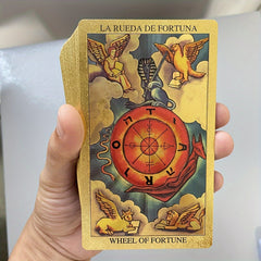Golden Foil Tarot Cards in Spanish & English - 4.8" x 2.83" Deck with Guidebook for Beginners, Durable Plastic Divination Game