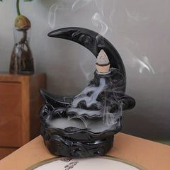 Handcrafted Resin Moon Backflow Incense Burner with Waterfall Feature - Includes Aromatherapy Cones for Yoga & Home Decor, Perfect for Halloween, Christmas, Easter, Thanksgiving