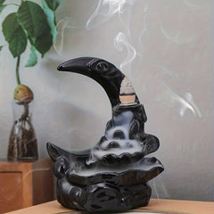 Handcrafted Resin Moon Backflow Incense Burner with Waterfall Feature - Includes Aromatherapy Cones for Yoga & Home Decor, Perfect for Halloween, Christmas, Easter, Thanksgiving
