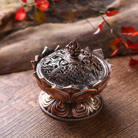 1pc Red Bronze Lotus Incense Burner, Mini Sandalwood Aromatherapy Stove, Suitable For Office, Camping, Garden, Patio, Candlelight Dinner Home Decor