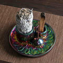 1pc Candle Holder, Electroplated Color Incense Burner Holder Ceramic Burner, Palo Santo Holder, Sage Holder For Burning, Incense Holder For Sticks, Multifunctional Aromatherapy Burner Incense Burner